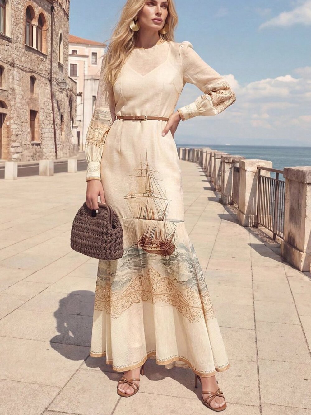 Apricot Chic Women's Printed Cinched Waist Flared Hem Maxi Dress
